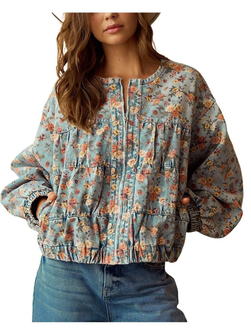 Women Fall Oversized Floral Jean Jacket Trendy Zip Denim Jacket
